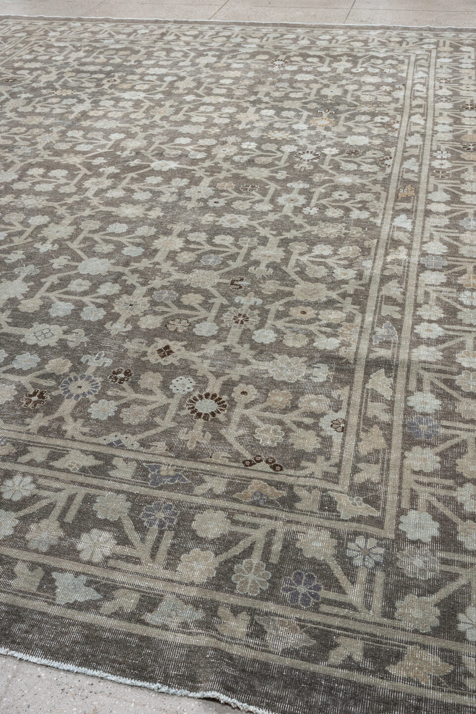 12' x 14' one-of-a-kind handmade vintage Khotan oversize rug. Color palette: taupe, ivory, beige, brown, camel, slate, gray