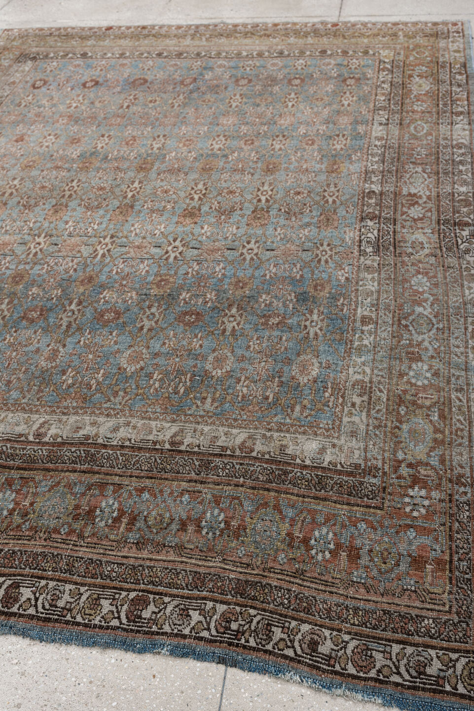 7' x 10' one-of-a-kind handmade antique Bidjar large size rug. Color palette: sky blue, ivory, terra cotta, taupe, camel