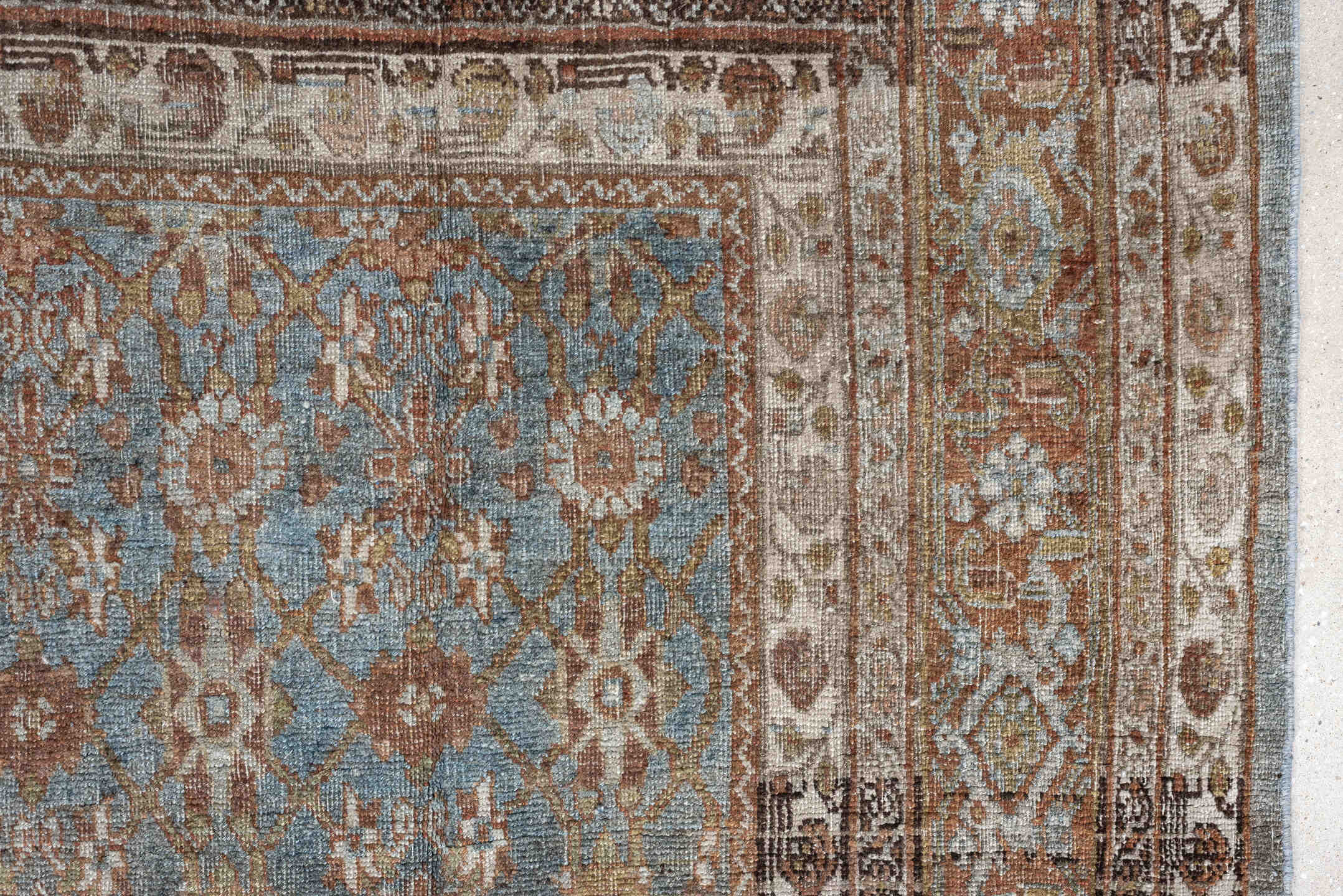 7' x 10' one-of-a-kind handmade antique Bidjar large size rug. Color palette: sky blue, ivory, terra cotta, taupe, camel
