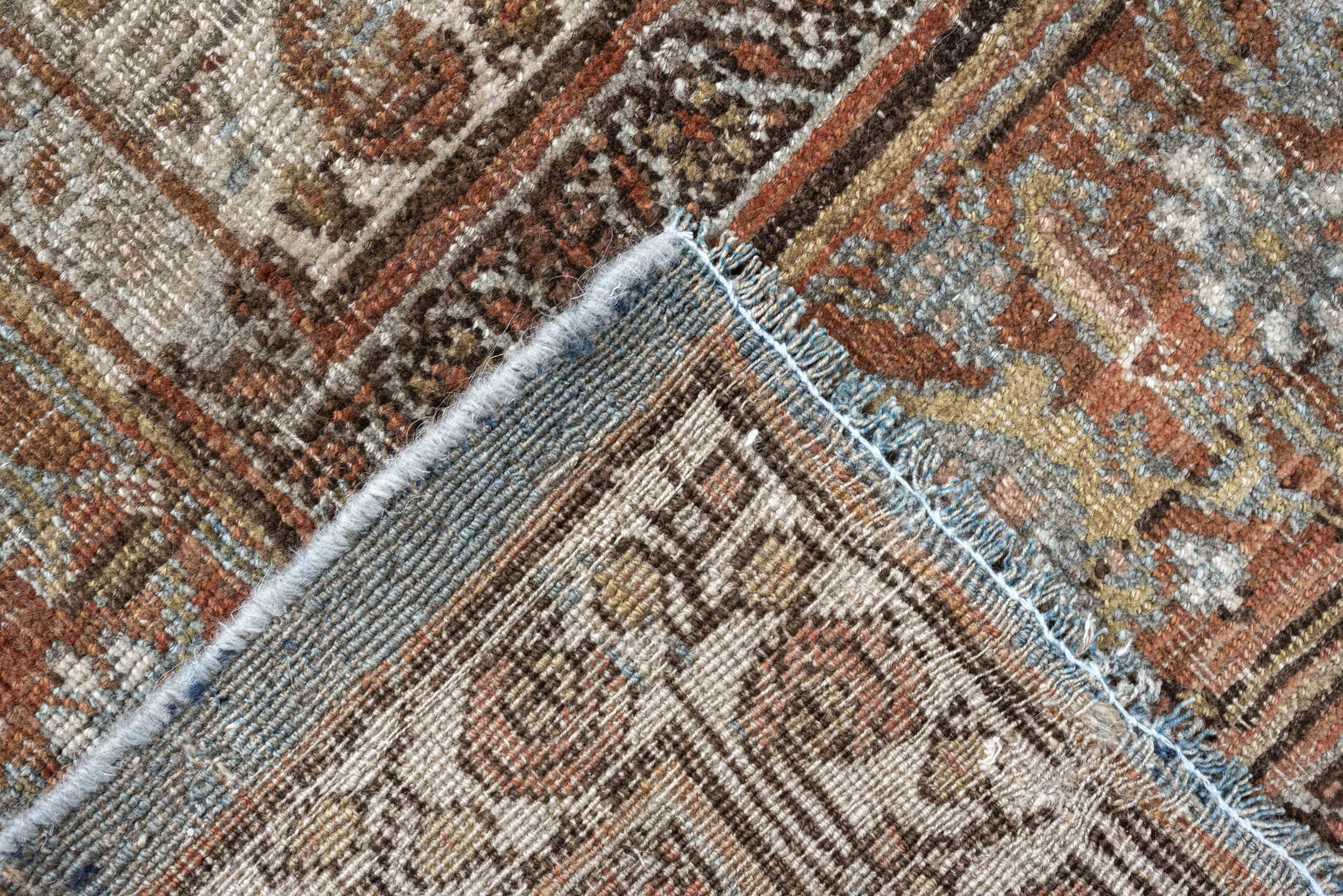 7' x 10' one-of-a-kind handmade antique Bidjar large size rug. Color palette: sky blue, ivory, terra cotta, taupe, camel
