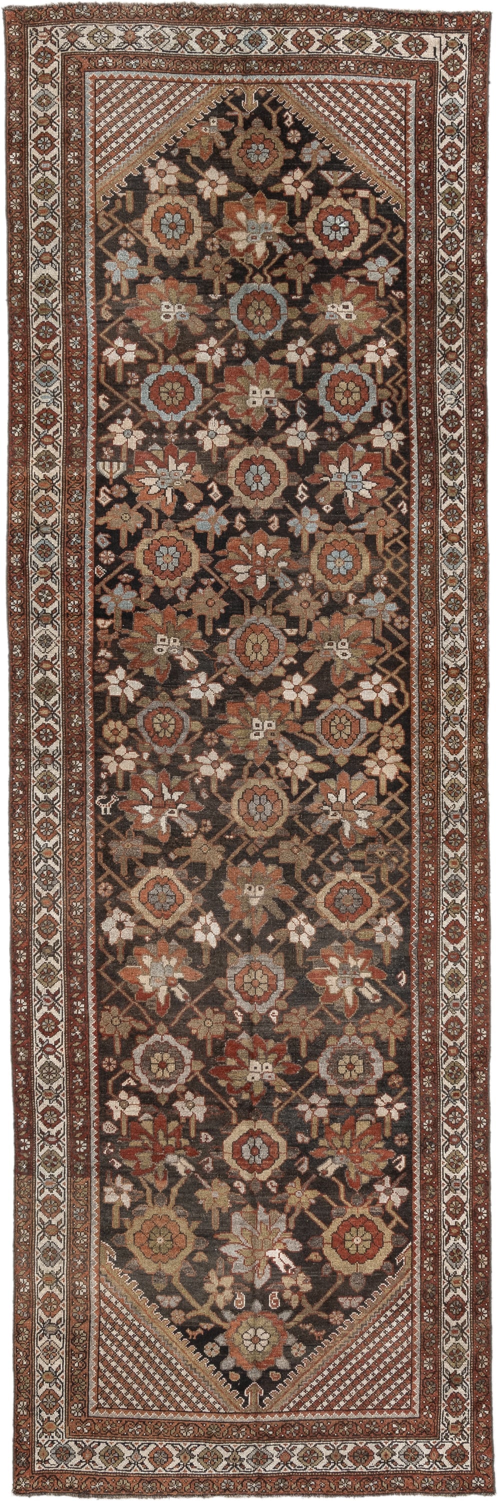 3' x 11' one-of-a-kind handmade antique Malayer runner rug. Color palette: brown, ivory, rust, camel, taupe, sage, charcoal