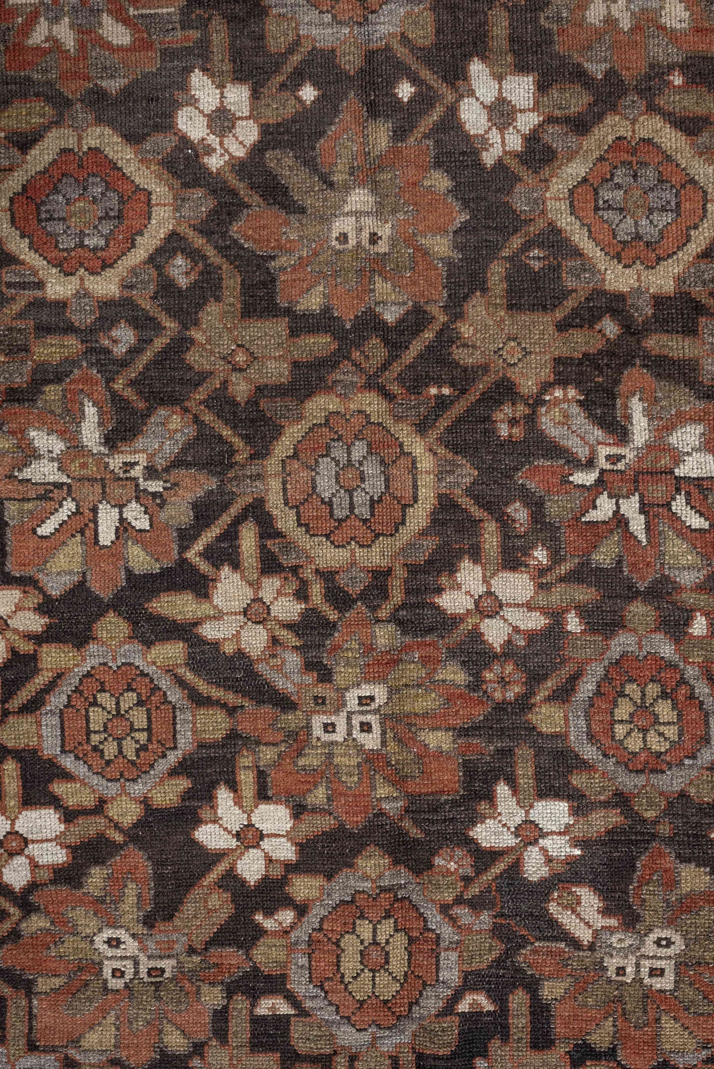 3' x 11' one-of-a-kind handmade antique Malayer runner rug. Color palette: brown, ivory, rust, camel, taupe, sage, charcoal