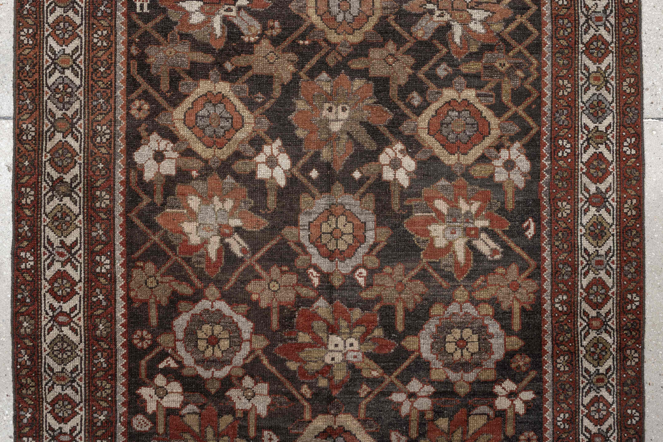 3' x 11' one-of-a-kind handmade antique Malayer runner rug. Color palette: brown, ivory, rust, camel, taupe, sage, charcoal