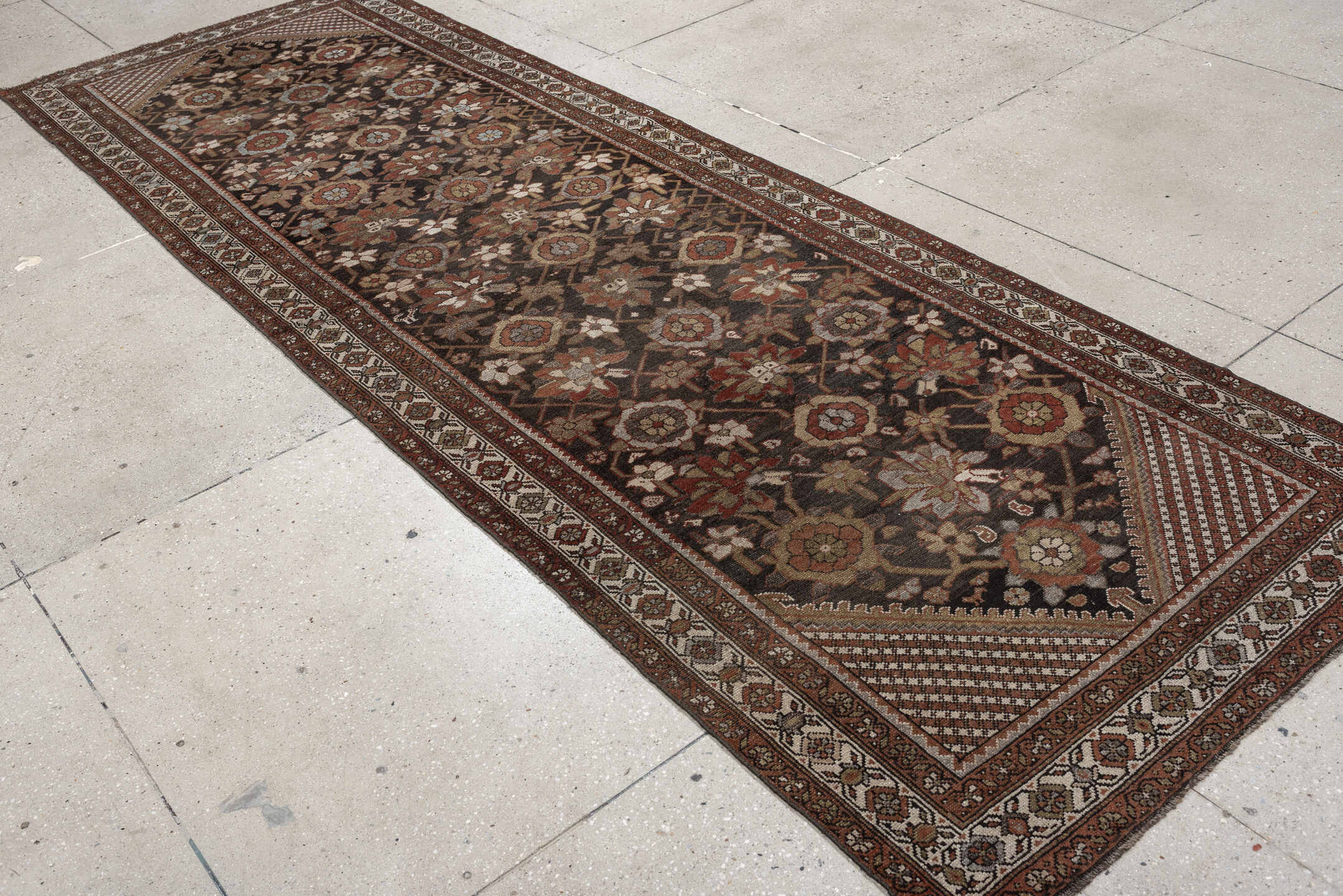 3' x 11' one-of-a-kind handmade antique Malayer runner rug. Color palette: brown, ivory, rust, camel, taupe, sage, charcoal