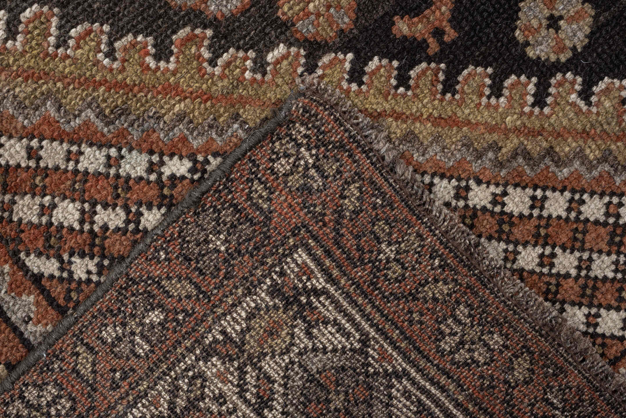 3' x 11' one-of-a-kind handmade antique Malayer runner rug. Color palette: brown, ivory, rust, camel, taupe, sage, charcoal