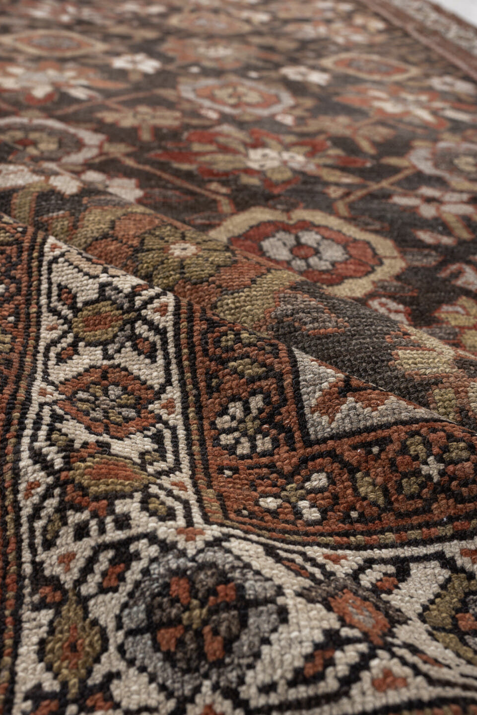 3' x 11' one-of-a-kind handmade antique Malayer runner rug. Color palette: brown, ivory, rust, camel, taupe, sage, charcoal