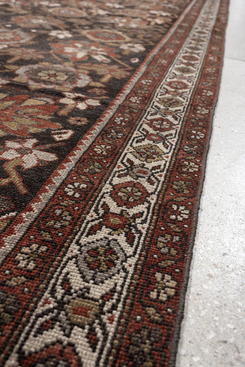3' x 11' one-of-a-kind handmade antique Malayer runner rug. Color palette: brown, ivory, rust, camel, taupe, sage, charcoal