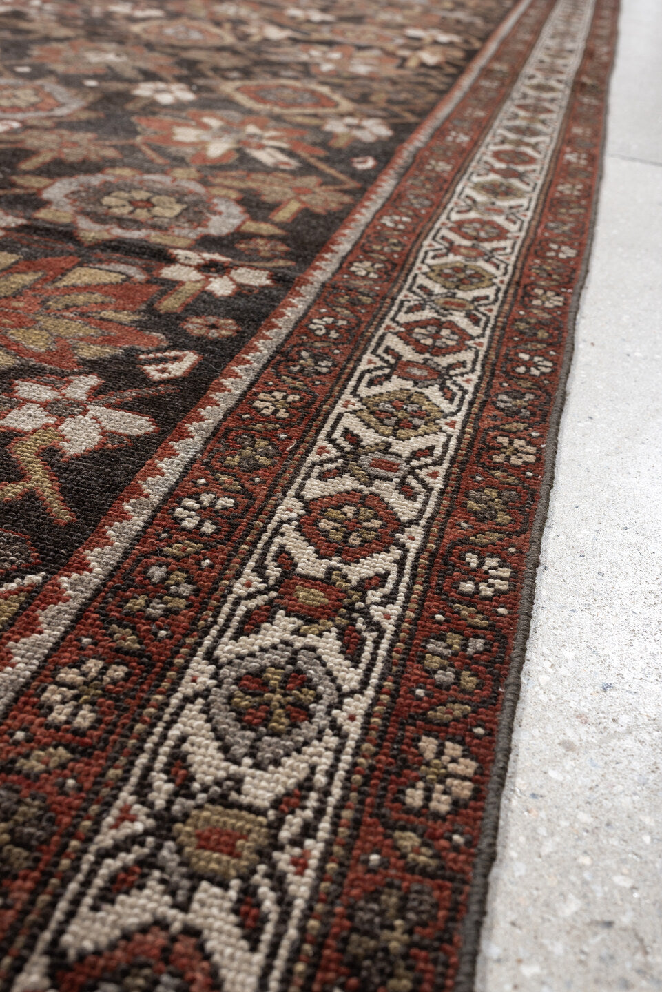 3' x 11' one-of-a-kind handmade antique Malayer runner rug. Color palette: brown, ivory, rust, camel, taupe, sage, charcoal