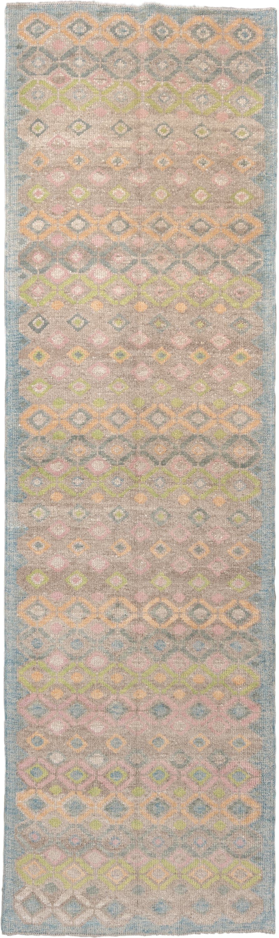 3' x 11' one-of-a-kind handmade vintage Oushak runner rug. Color palette: taupe, sky blue, ivory, blush, sage, gold, peach