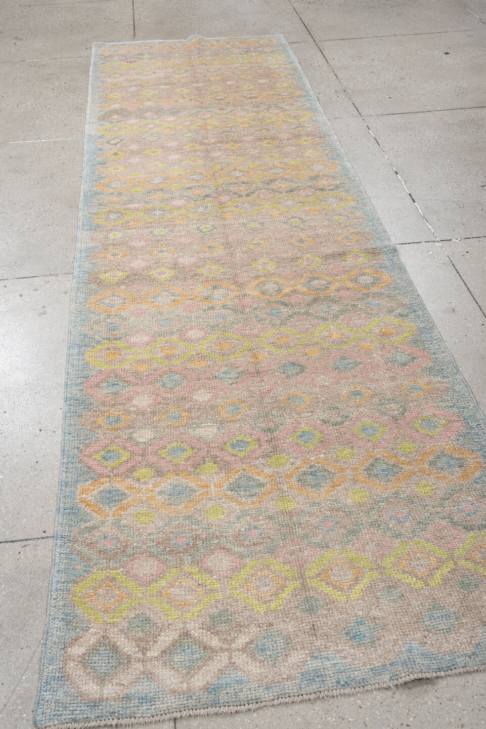 3' x 11' one-of-a-kind handmade vintage Oushak runner rug. Color palette: taupe, sky blue, ivory, blush, sage, gold, peach
