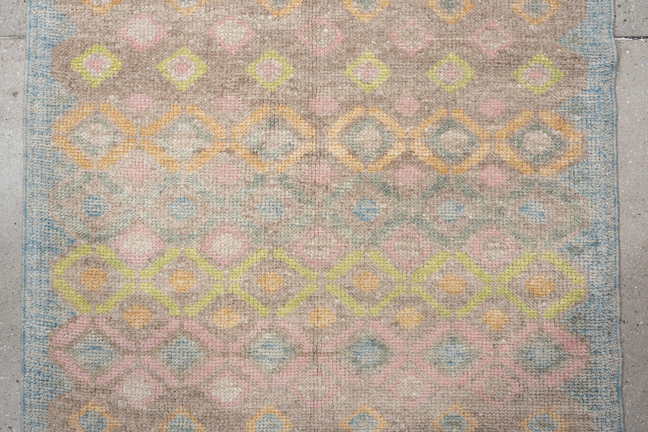 3' x 11' one-of-a-kind handmade vintage Oushak runner rug. Color palette: taupe, sky blue, ivory, blush, sage, gold, peach