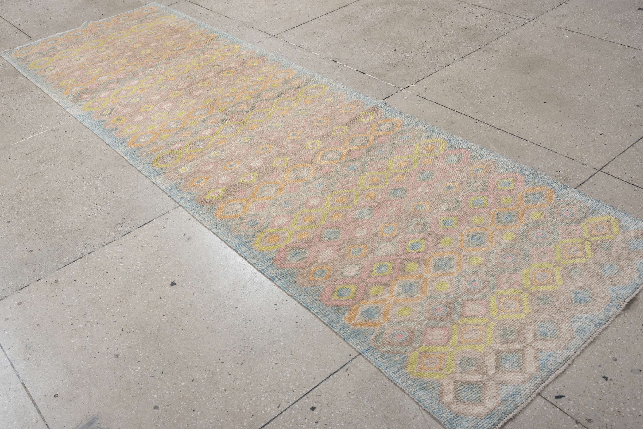 3' x 11' one-of-a-kind handmade vintage Oushak runner rug. Color palette: taupe, sky blue, ivory, blush, sage, gold, peach