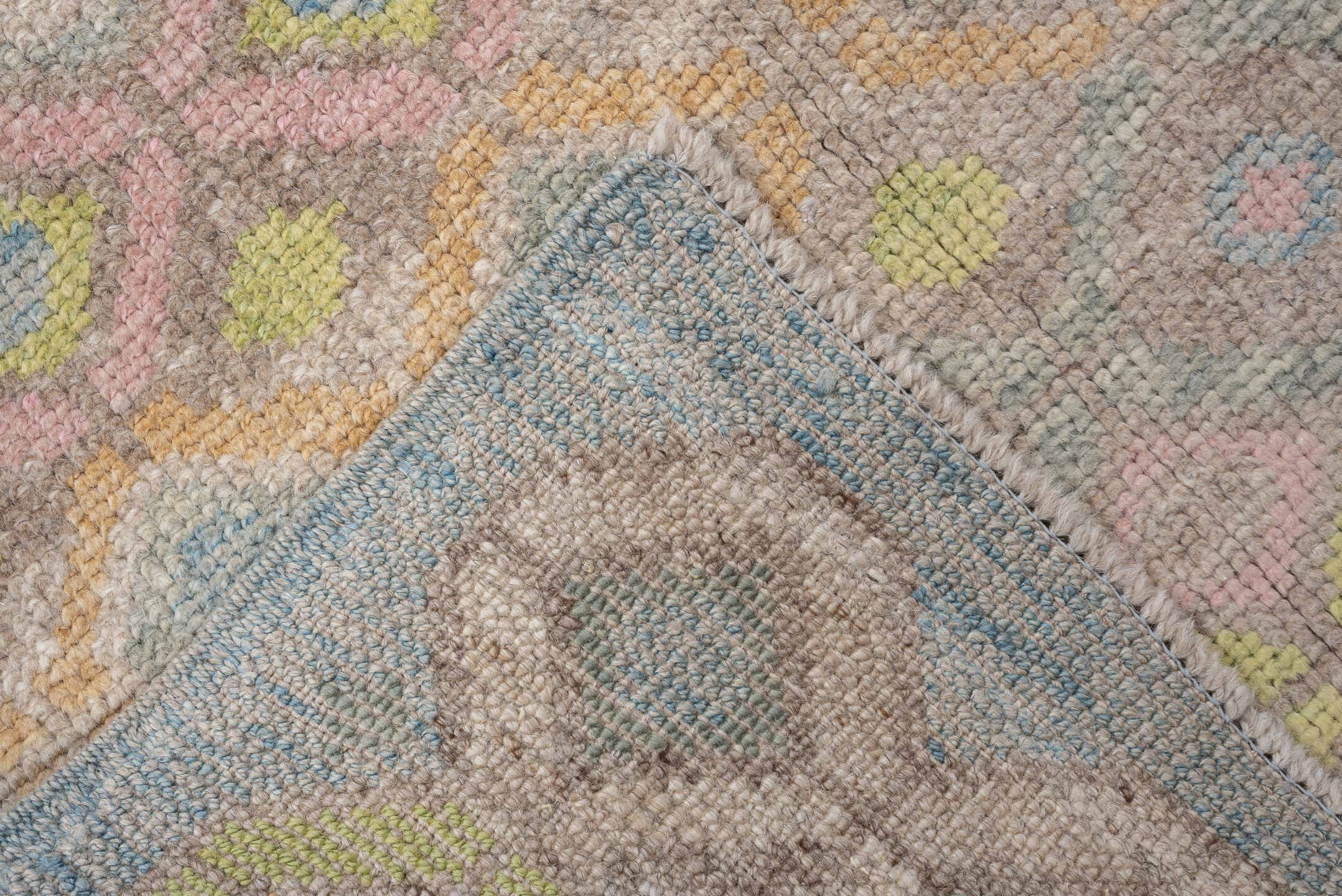 3' x 11' one-of-a-kind handmade vintage Oushak runner rug. Color palette: taupe, sky blue, ivory, blush, sage, gold, peach