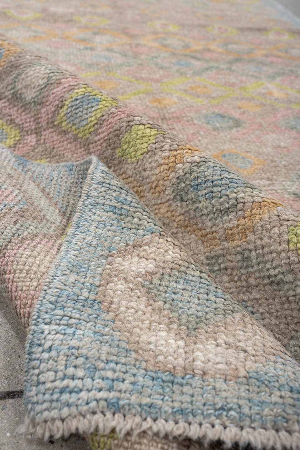 3' x 11' one-of-a-kind handmade vintage Oushak runner rug. Color palette: taupe, sky blue, ivory, blush, sage, gold, peach