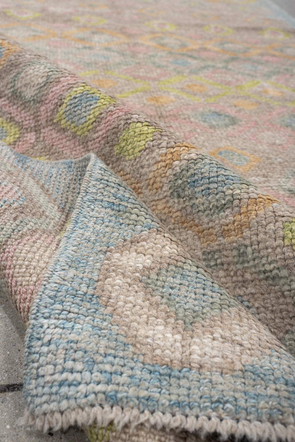 3' x 11' one-of-a-kind handmade vintage Oushak runner rug. Color palette: taupe, sky blue, ivory, blush, sage, gold, peach