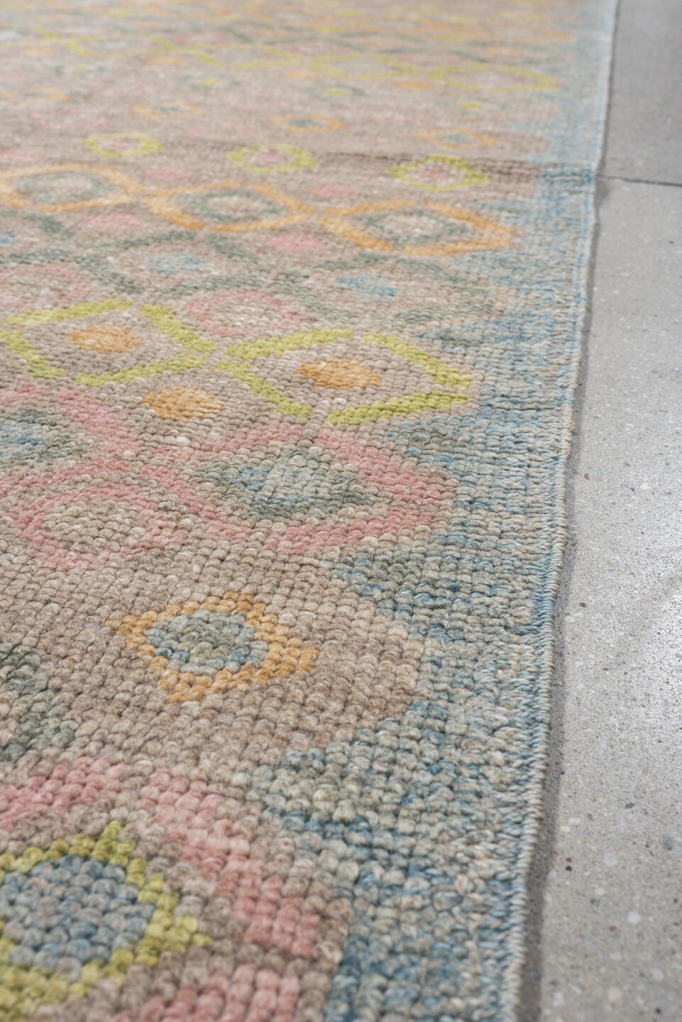 3' x 11' one-of-a-kind handmade vintage Oushak runner rug. Color palette: taupe, sky blue, ivory, blush, sage, gold, peach