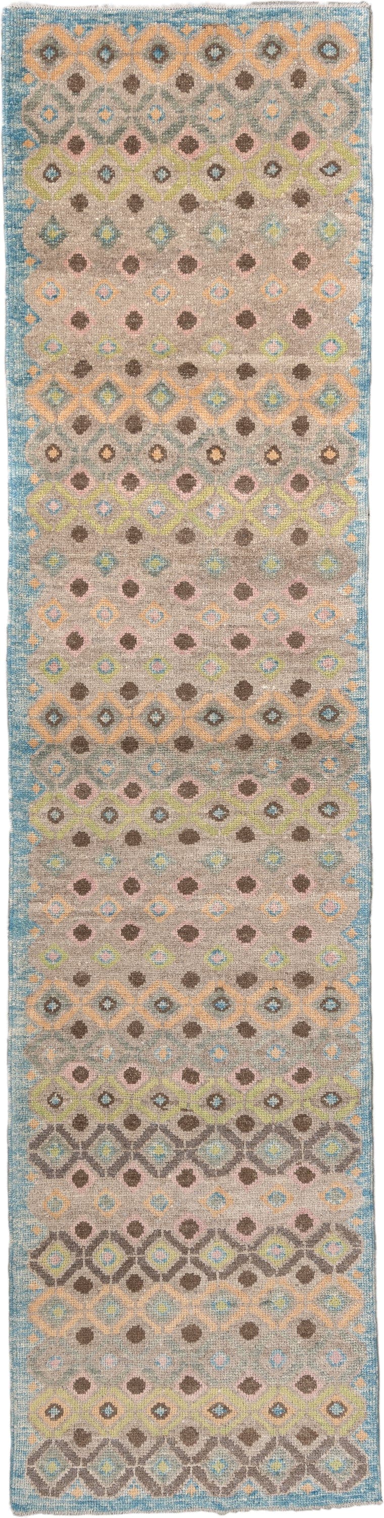 2' x 11' one-of-a-kind handmade vintage Oushak runner rug. Color palette: taupe, sky blue, camel, brown, ivory, sage, gold