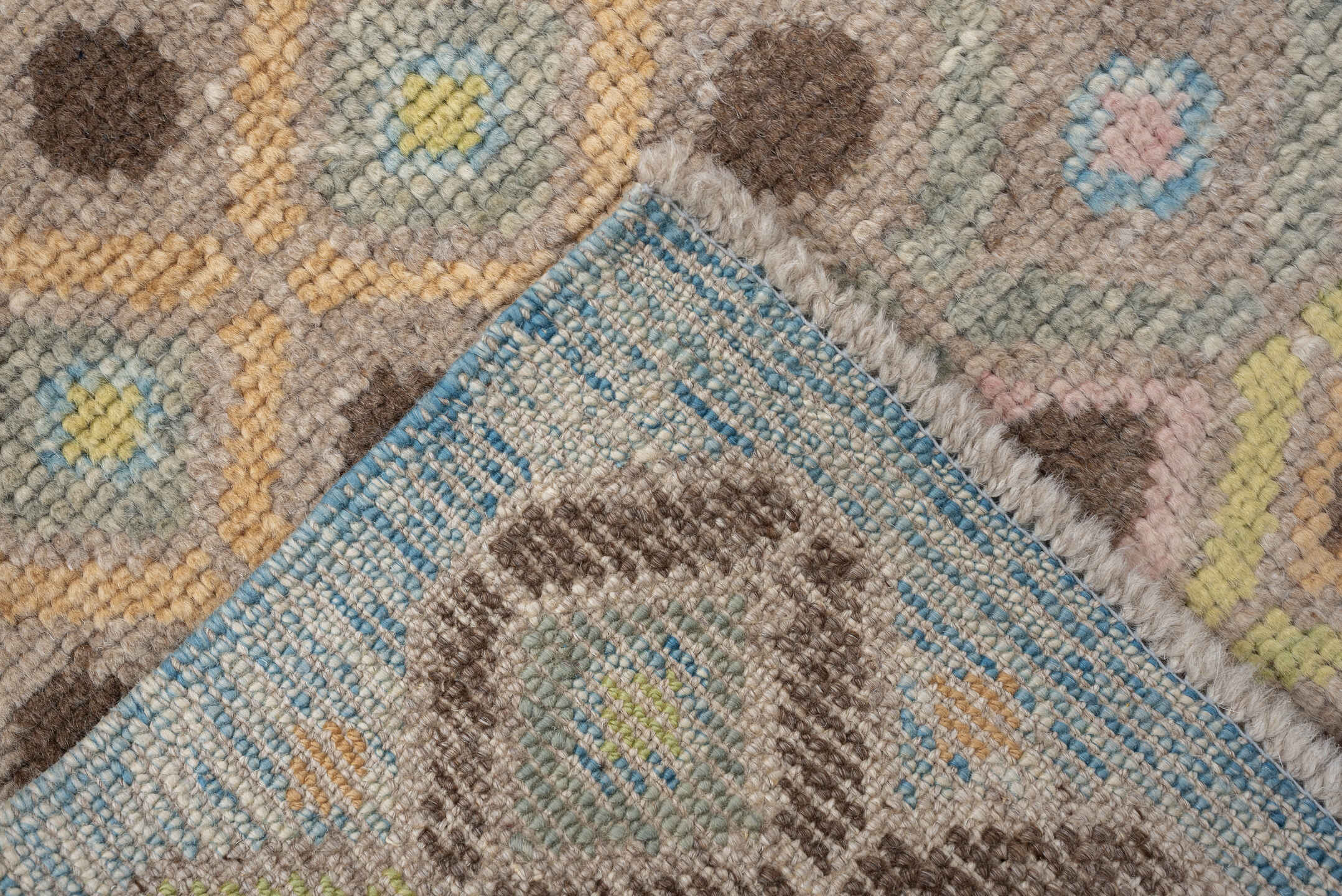2' x 11' one-of-a-kind handmade vintage Oushak runner rug. Color palette: taupe, sky blue, camel, brown, ivory, sage, gold