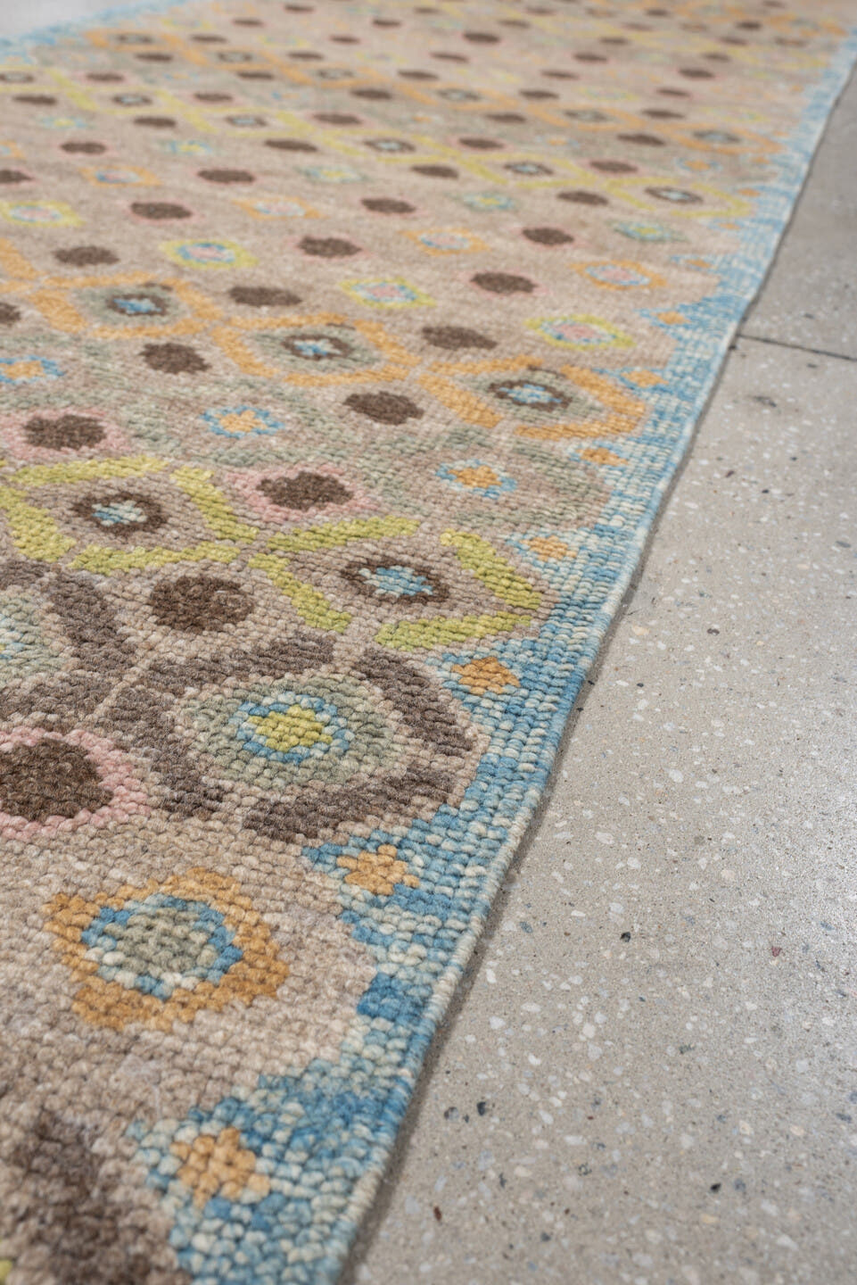 2' x 11' one-of-a-kind handmade vintage Oushak runner rug. Color palette: taupe, sky blue, camel, brown, ivory, sage, gold