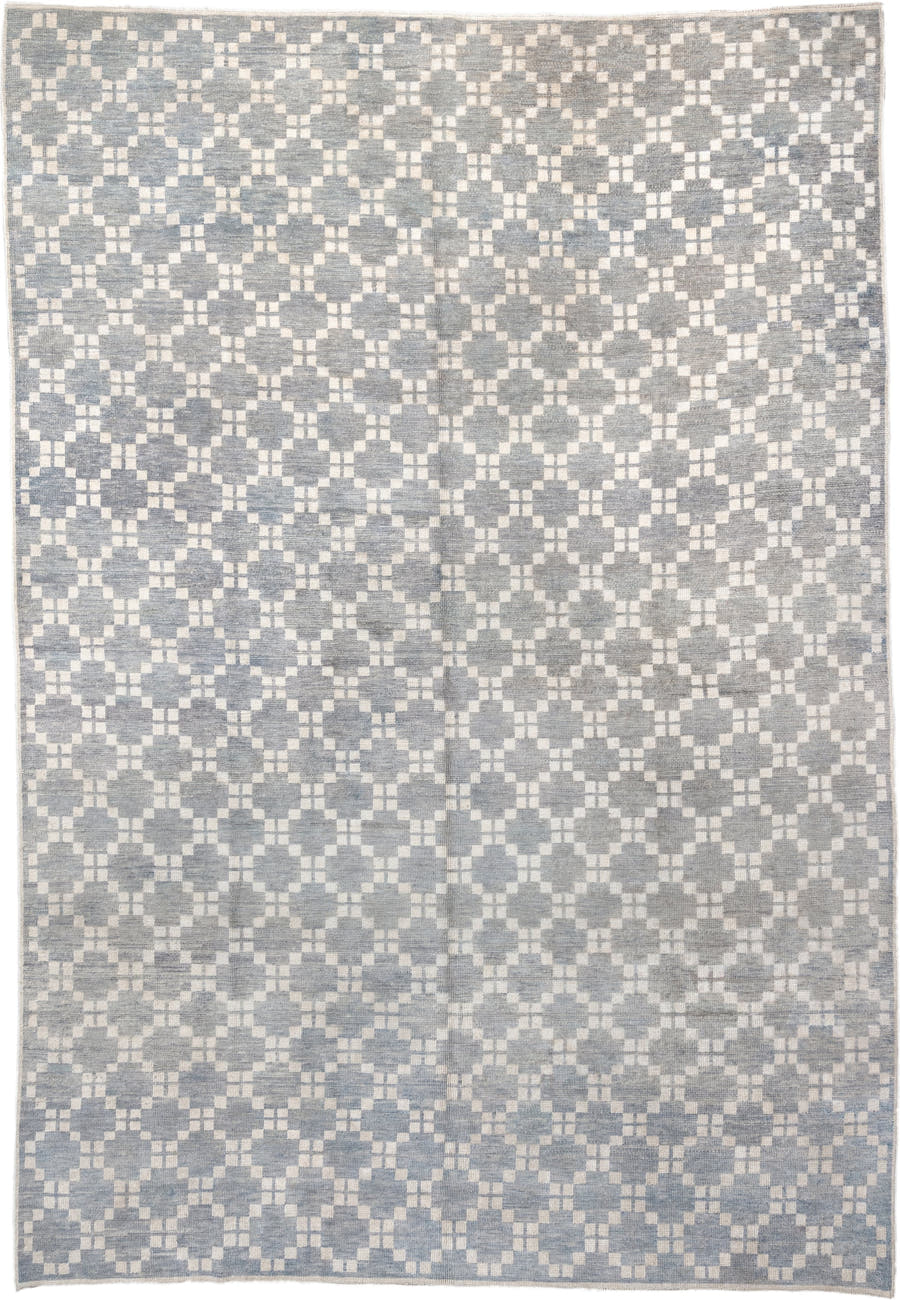 9' x 13' one-of-a-kind handmade vintage Oushak large size rug. Color palette: ivory, slate, pale blue, cream, silver, gray