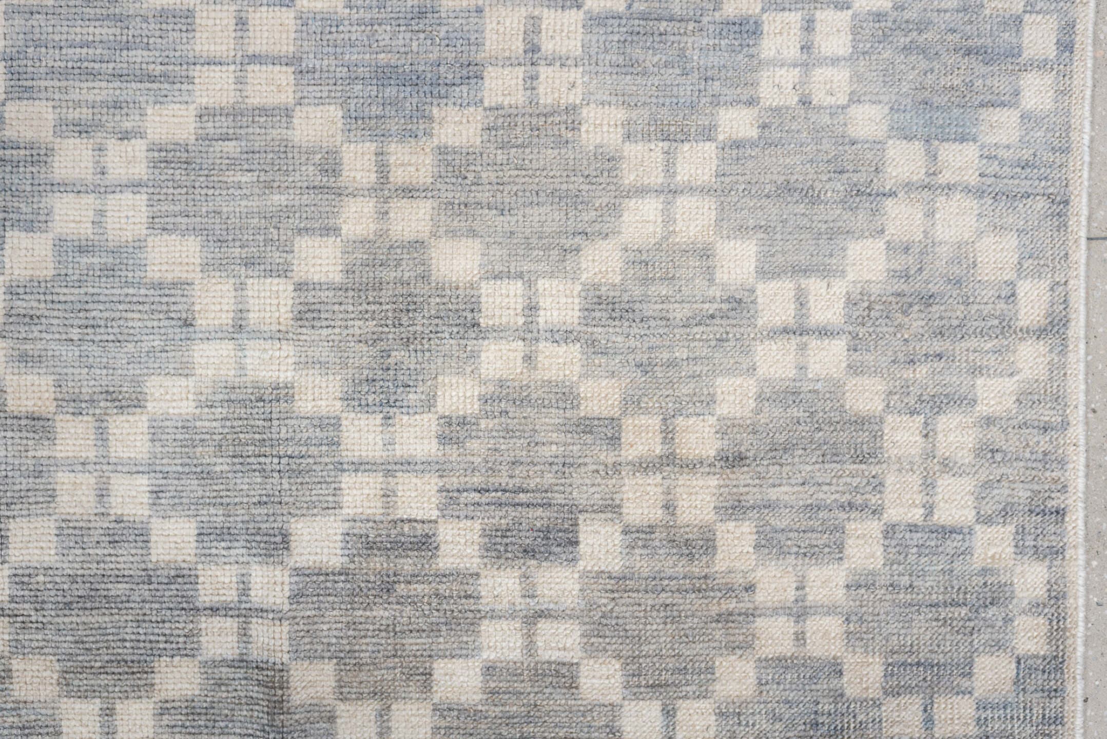 9' x 13' one-of-a-kind handmade vintage Oushak large size rug. Color palette: ivory, slate, pale blue, cream, silver, gray
