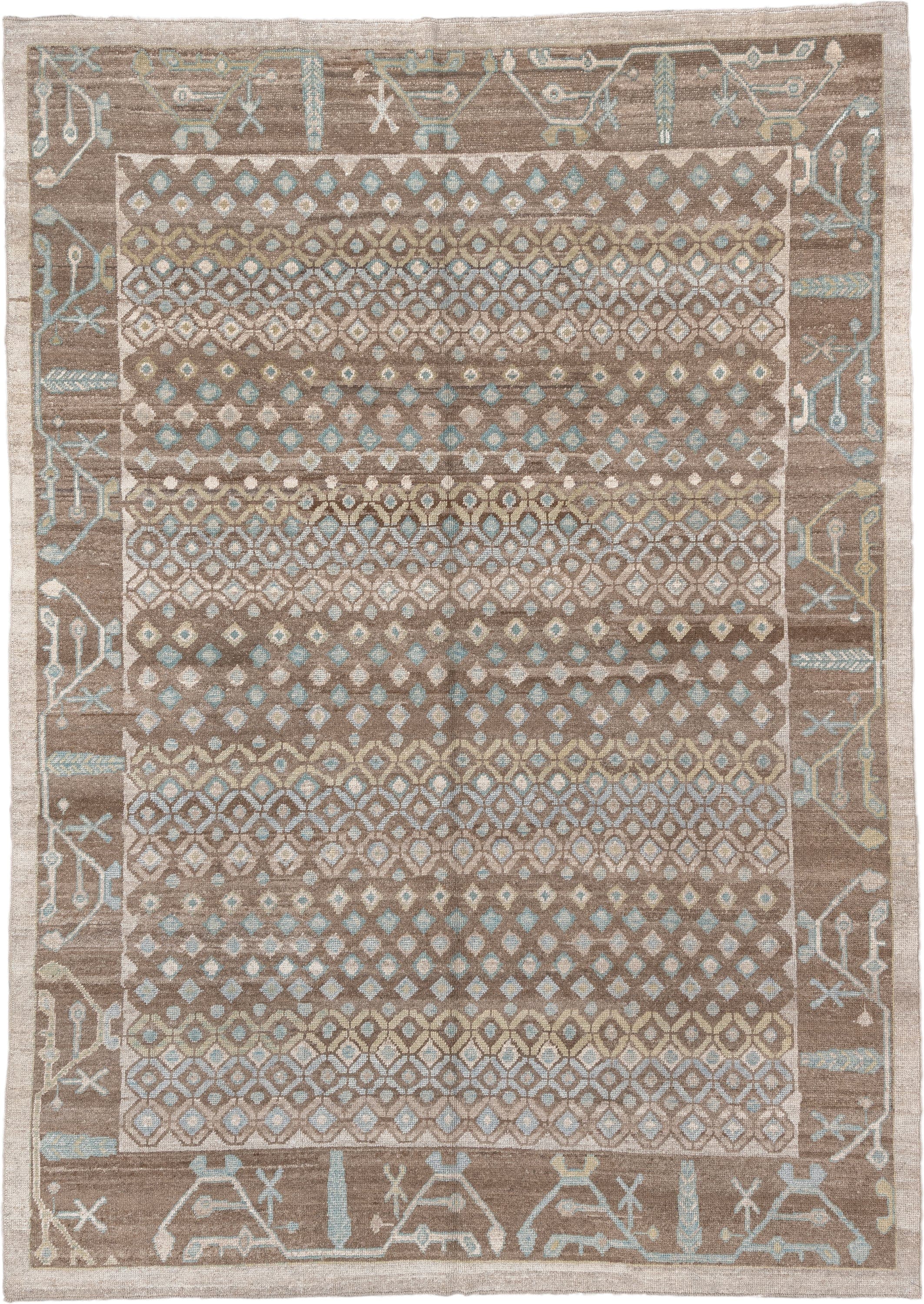 9' x 12' one-of-a-kind handmade vintage Oushak large size rug. Color palette: taupe, brown, ivory, pale aqua, sand, beige