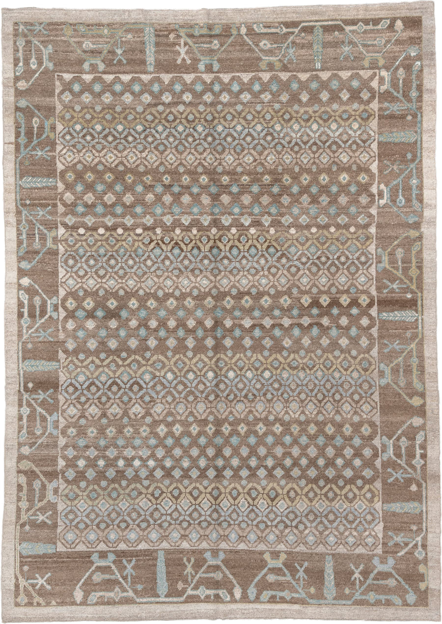 9' x 12' one-of-a-kind handmade vintage Oushak large size rug. Color palette: taupe, brown, ivory, pale aqua, sand, beige