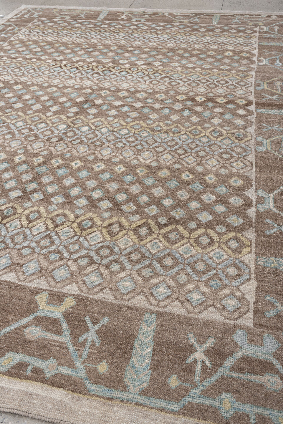 9' x 12' one-of-a-kind handmade vintage Oushak large size rug. Color palette: taupe, brown, ivory, pale aqua, sand, beige