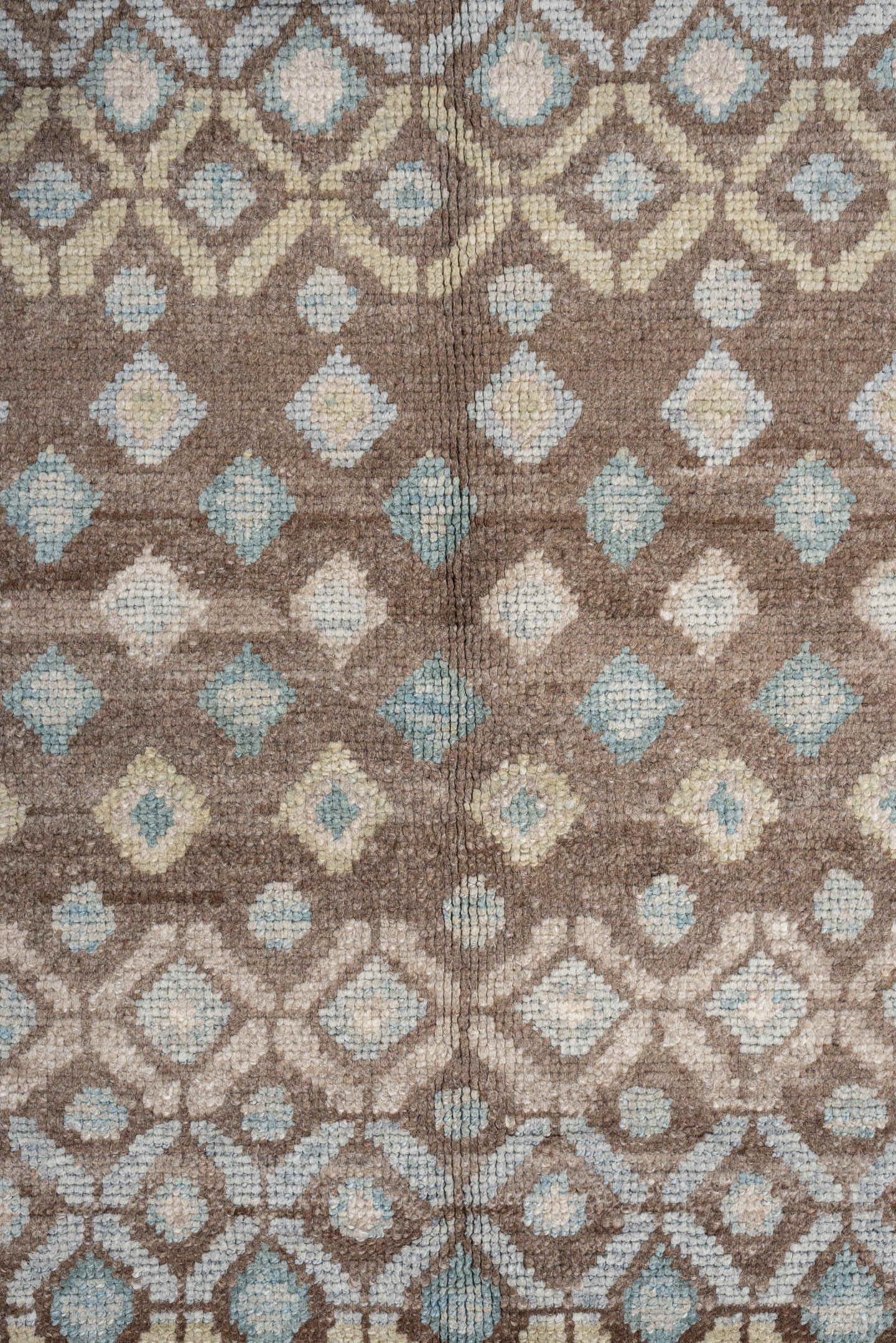9' x 12' one-of-a-kind handmade vintage Oushak large size rug. Color palette: taupe, brown, ivory, pale aqua, sand, beige