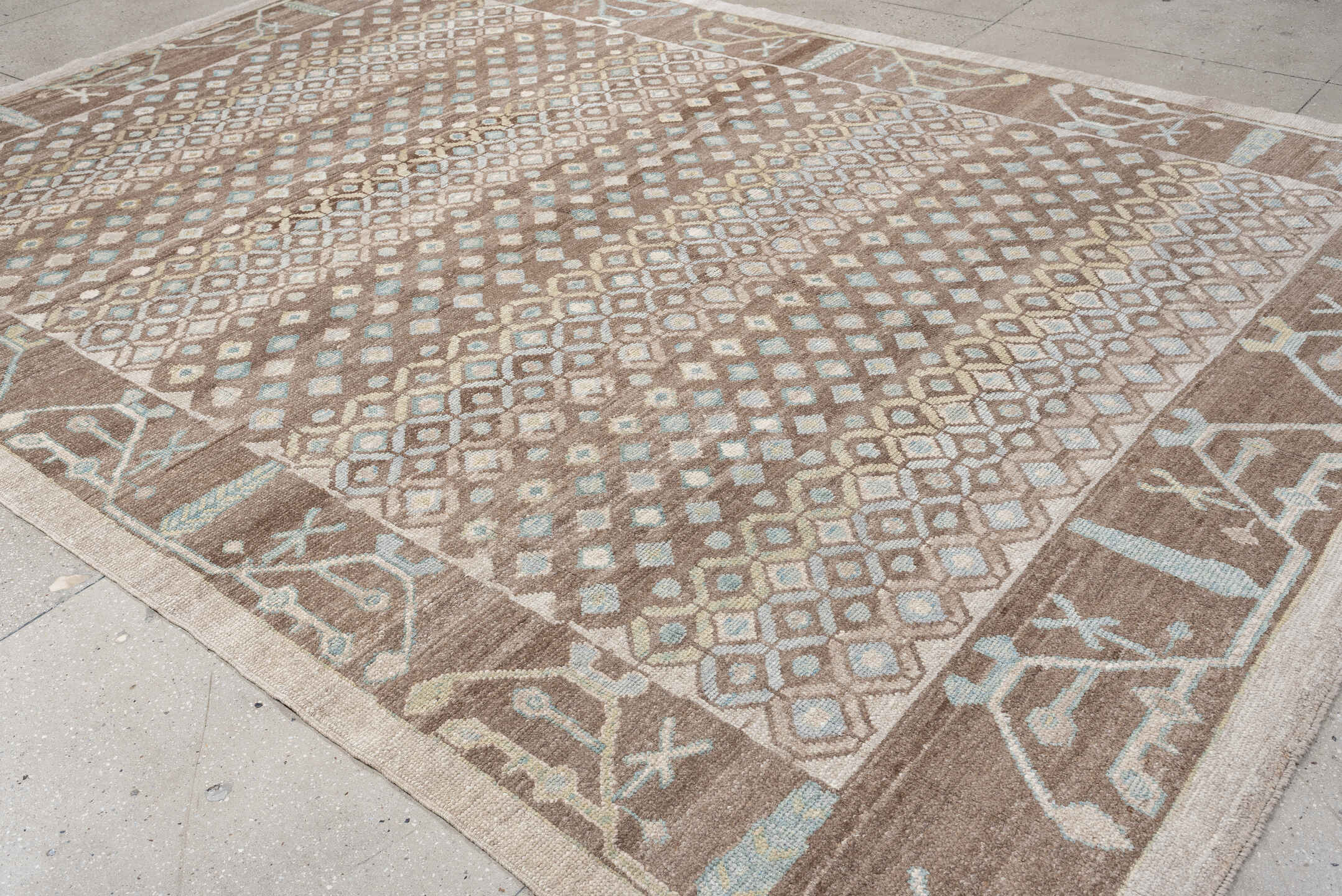 9' x 12' one-of-a-kind handmade vintage Oushak large size rug. Color palette: taupe, brown, ivory, pale aqua, sand, beige
