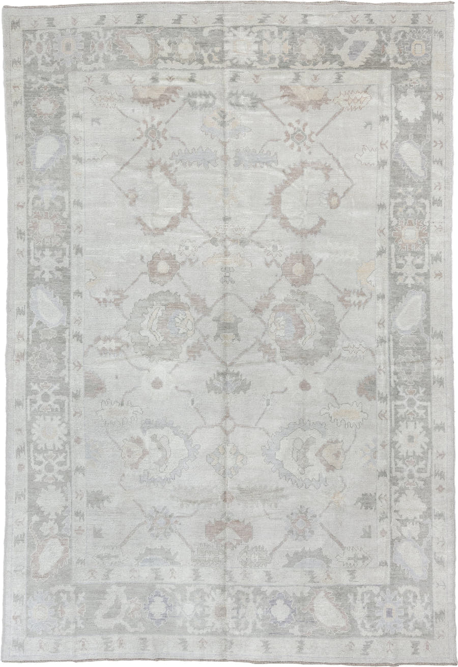 9' x 13' one-of-a-kind handmade vintage Oushak large size rug. Color palette: ivory, pale gray, blush, taupe, sage