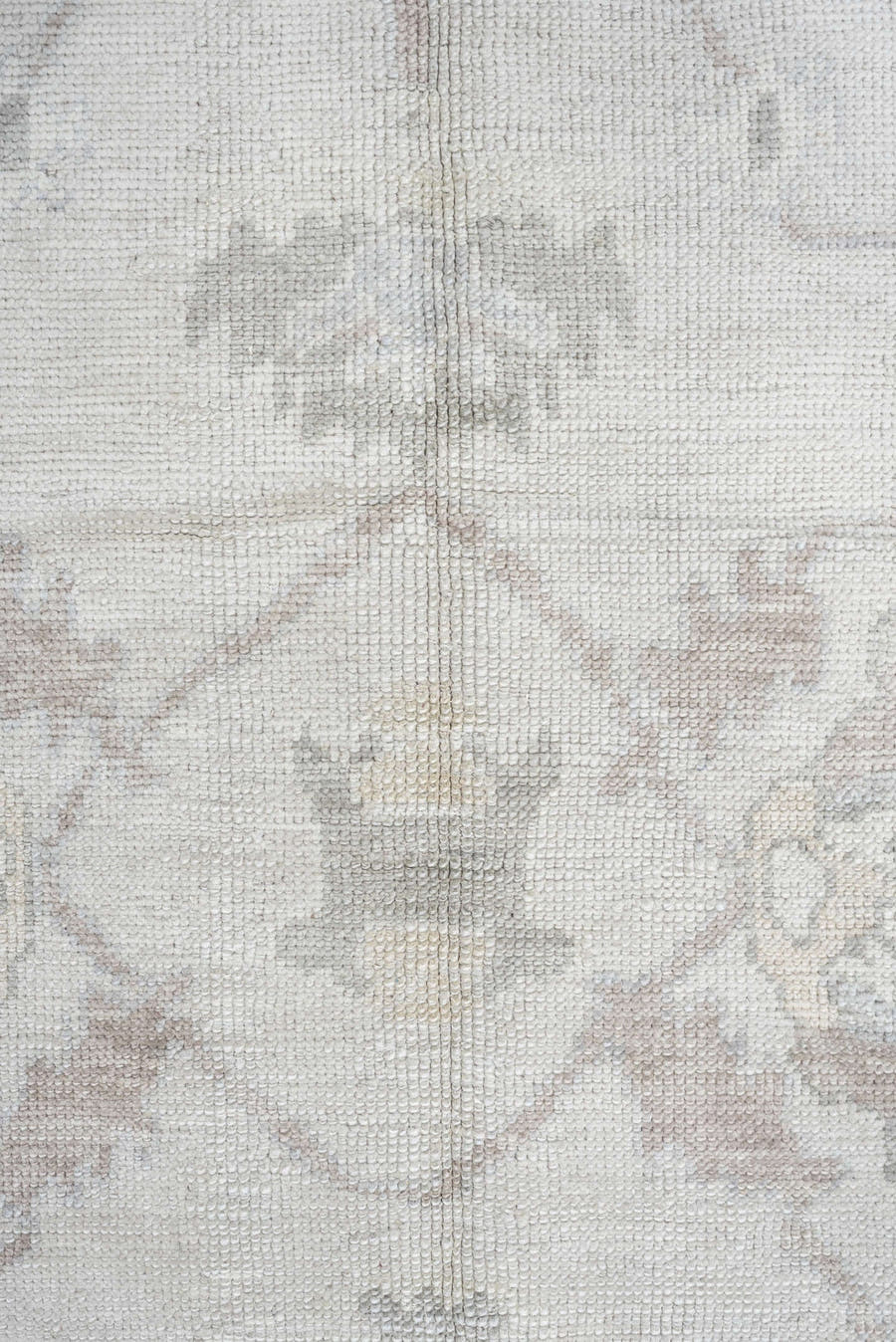 9' x 13' one-of-a-kind handmade vintage Oushak large size rug. Color palette: ivory, pale gray, blush, taupe, sage