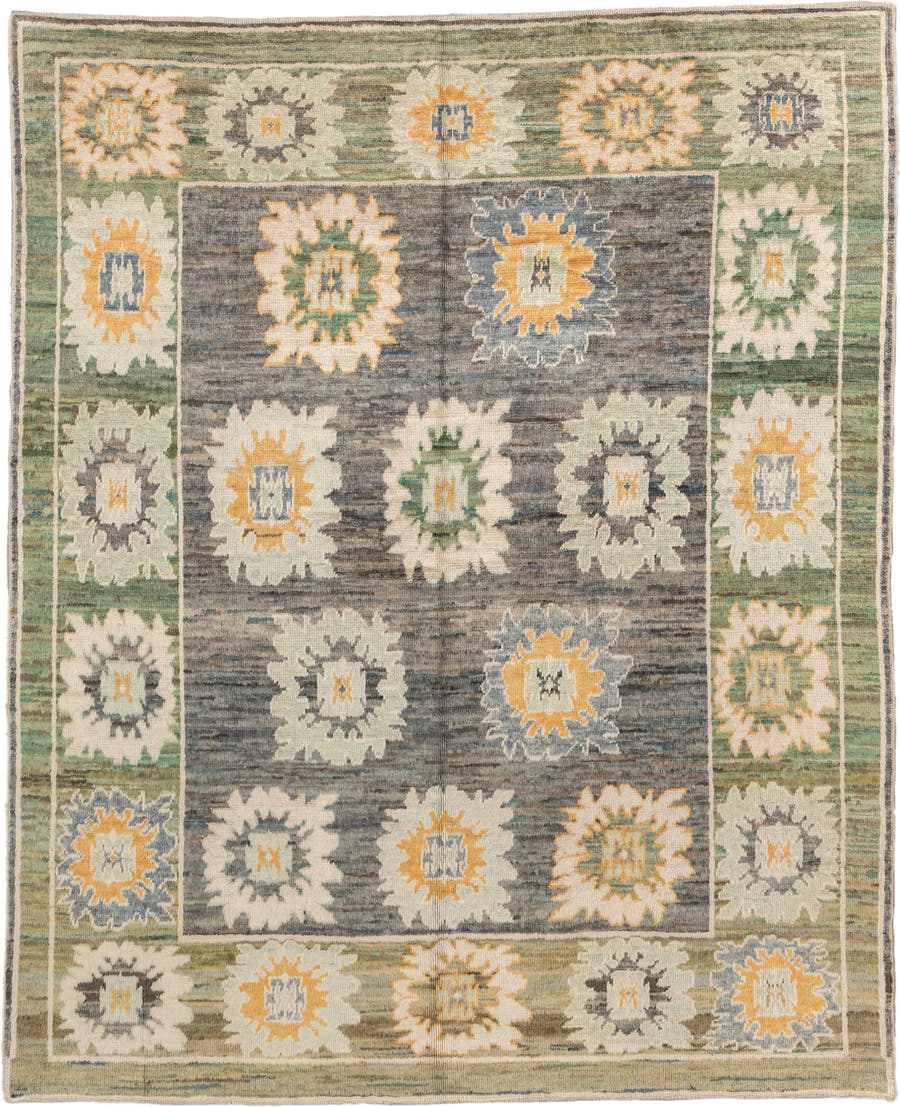 8' x 10' one-of-a-kind handmade vintage Oushak large size rug. Color palette: gray, sage, ivory, gold, cream, olive, green