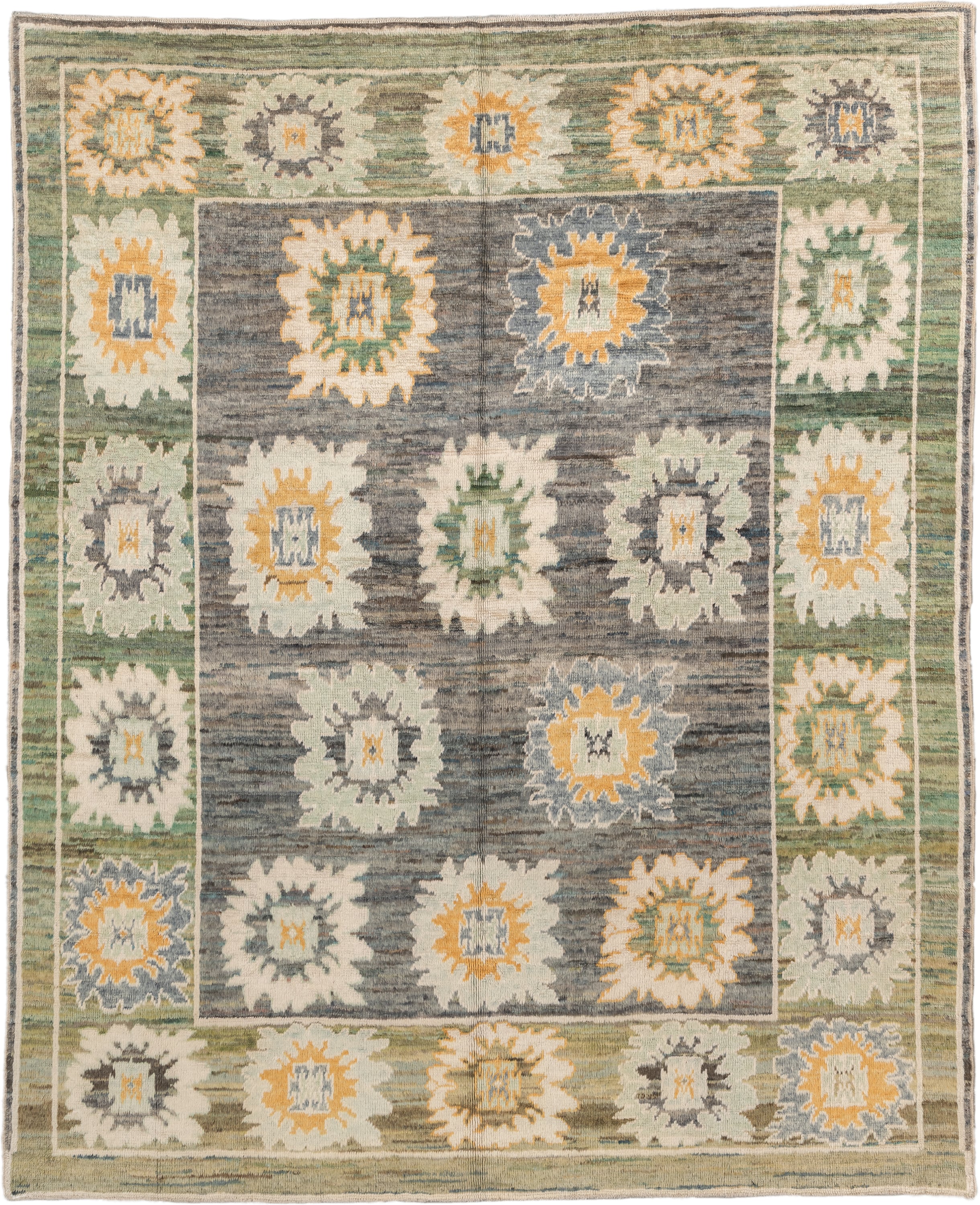 8' x 10' one-of-a-kind handmade vintage Oushak large size rug. Color palette: gray, sage, ivory, gold, cream, olive, green