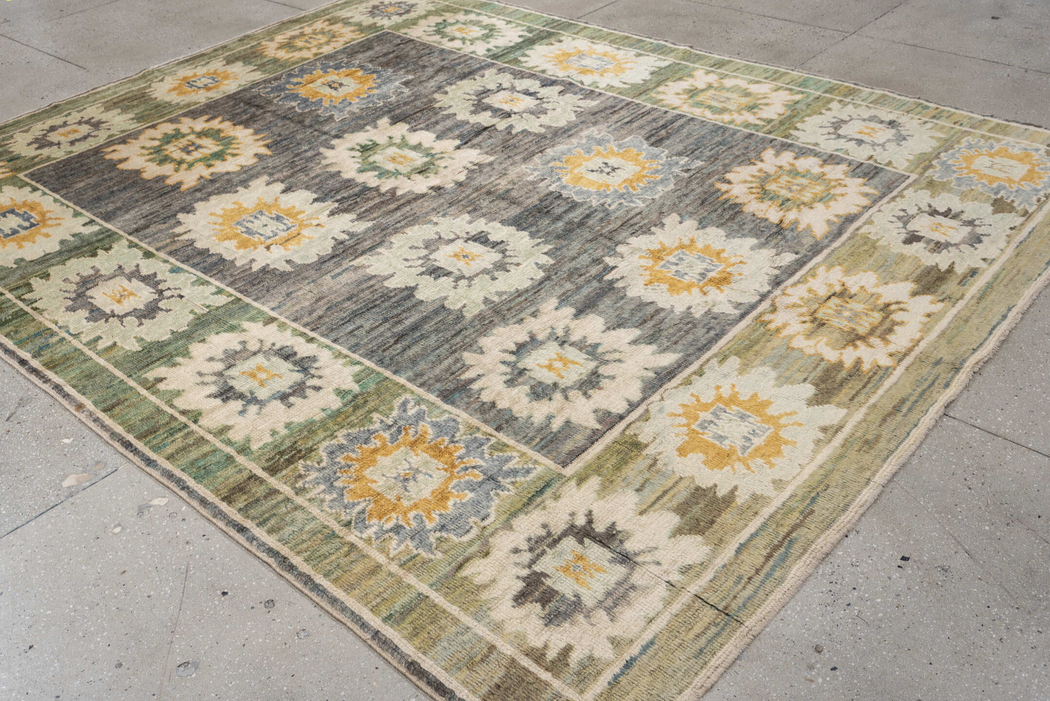 8' x 10' one-of-a-kind handmade vintage Oushak large size rug. Color palette: gray, sage, ivory, gold, cream, olive, green