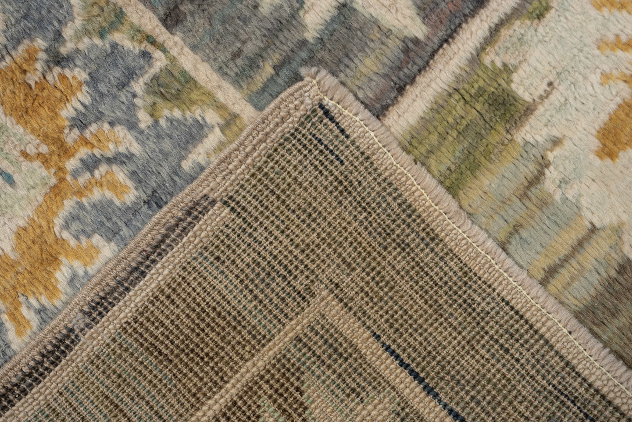 8' x 10' one-of-a-kind handmade vintage Oushak large size rug. Color palette: gray, sage, ivory, gold, cream, olive, green