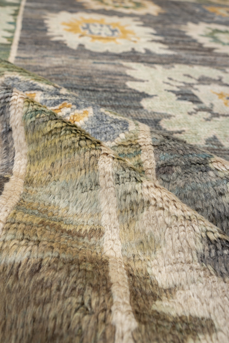 8' x 10' one-of-a-kind handmade vintage Oushak large size rug. Color palette: gray, sage, ivory, gold, cream, olive, green