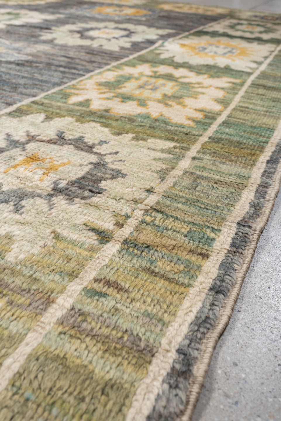 8' x 10' one-of-a-kind handmade vintage Oushak large size rug. Color palette: gray, sage, ivory, gold, cream, olive, green