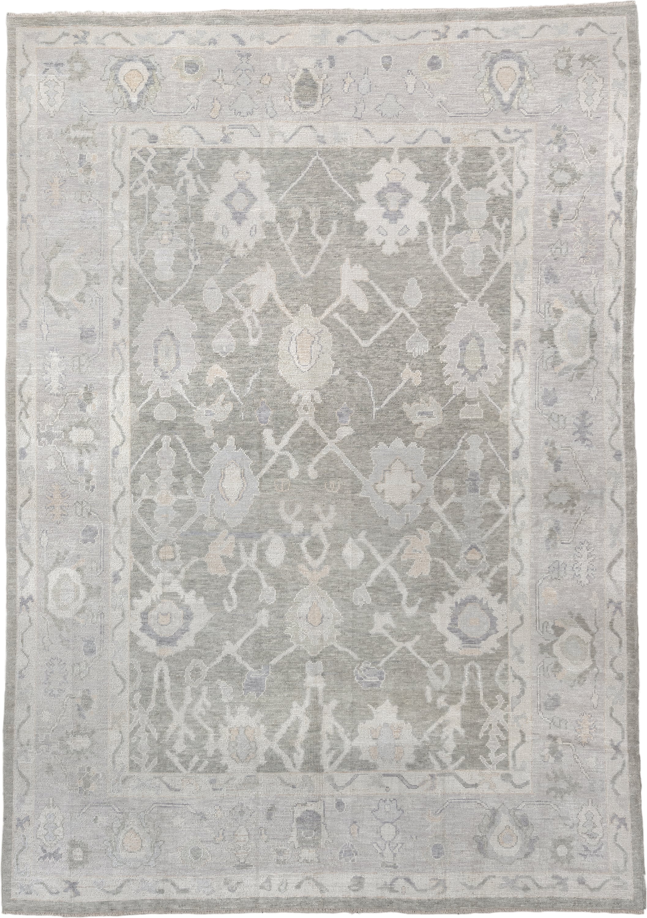9' x 13' one-of-a-kind handmade vintage Oushak large size rug. Color palette: gray, ivory, taupe, pale blue, cream, beige