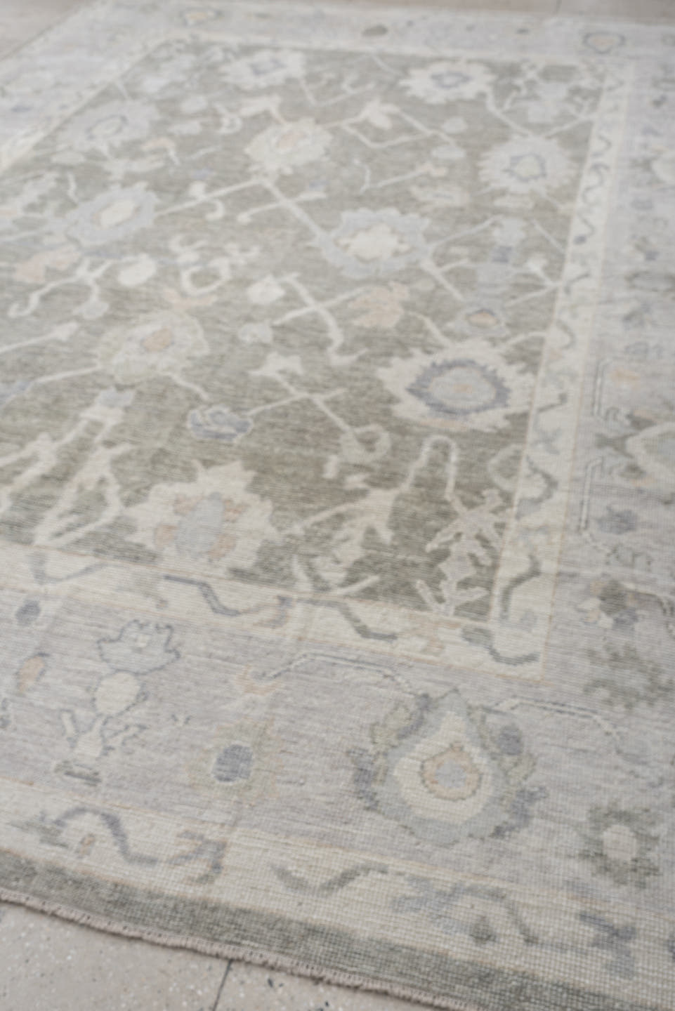 9' x 13' one-of-a-kind handmade vintage Oushak large size rug. Color palette: gray, ivory, taupe, pale blue, cream, beige