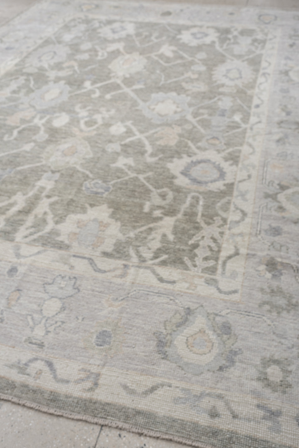 9' x 13' one-of-a-kind handmade vintage Oushak large size rug. Color palette: gray, ivory, taupe, pale blue, cream, beige