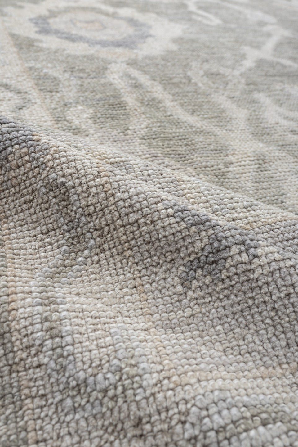 9' x 13' one-of-a-kind handmade vintage Oushak large size rug. Color palette: gray, ivory, taupe, pale blue, cream, beige