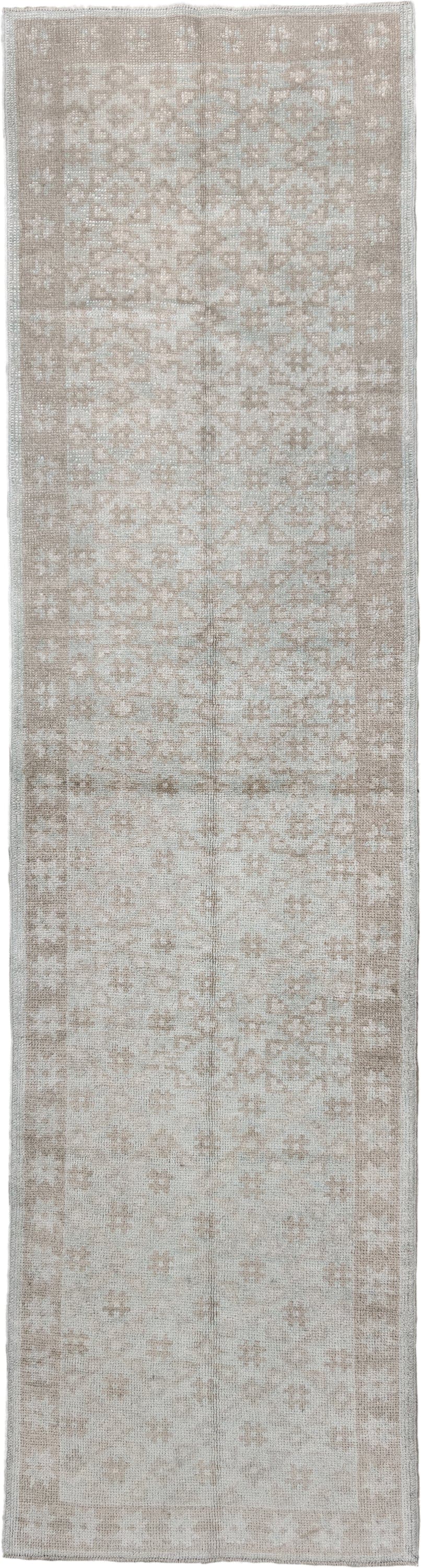 2' x 10' one-of-a-kind handmade vintage Oushak runner rug. Color palette: ivory, taupe, beige, sand, light gray, gray
