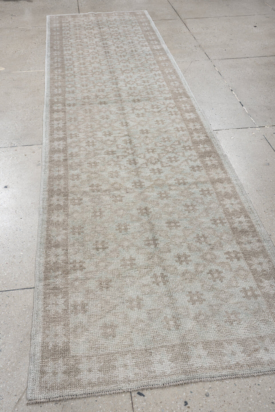 2' x 10' one-of-a-kind handmade vintage Oushak runner rug. Color palette: ivory, taupe, beige, sand, light gray, gray