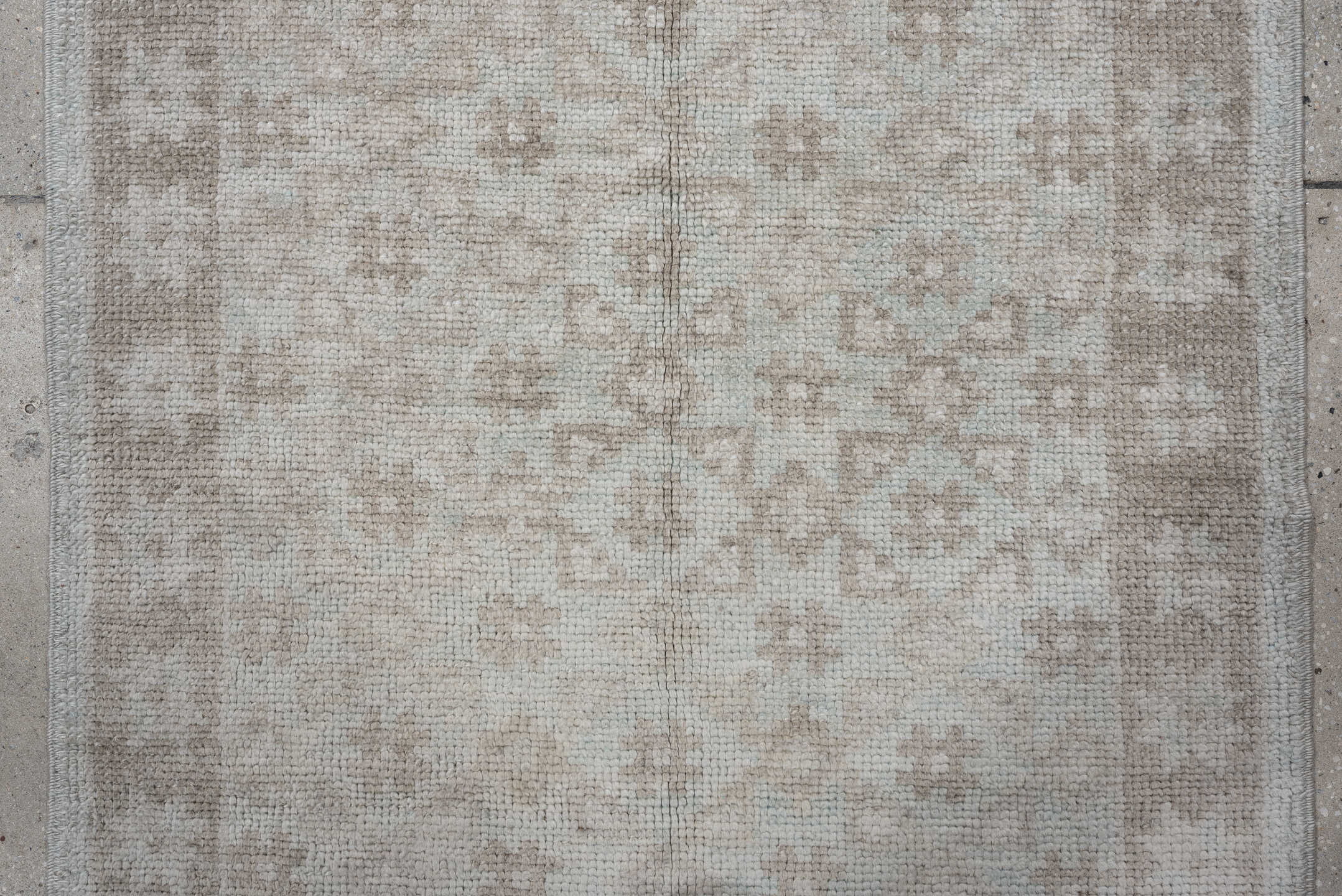 2' x 10' one-of-a-kind handmade vintage Oushak runner rug. Color palette: ivory, taupe, beige, sand, light gray, gray