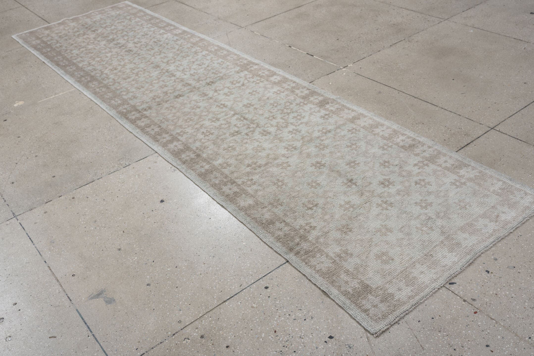 2' x 10' one-of-a-kind handmade vintage Oushak runner rug. Color palette: ivory, taupe, beige, sand, light gray, gray