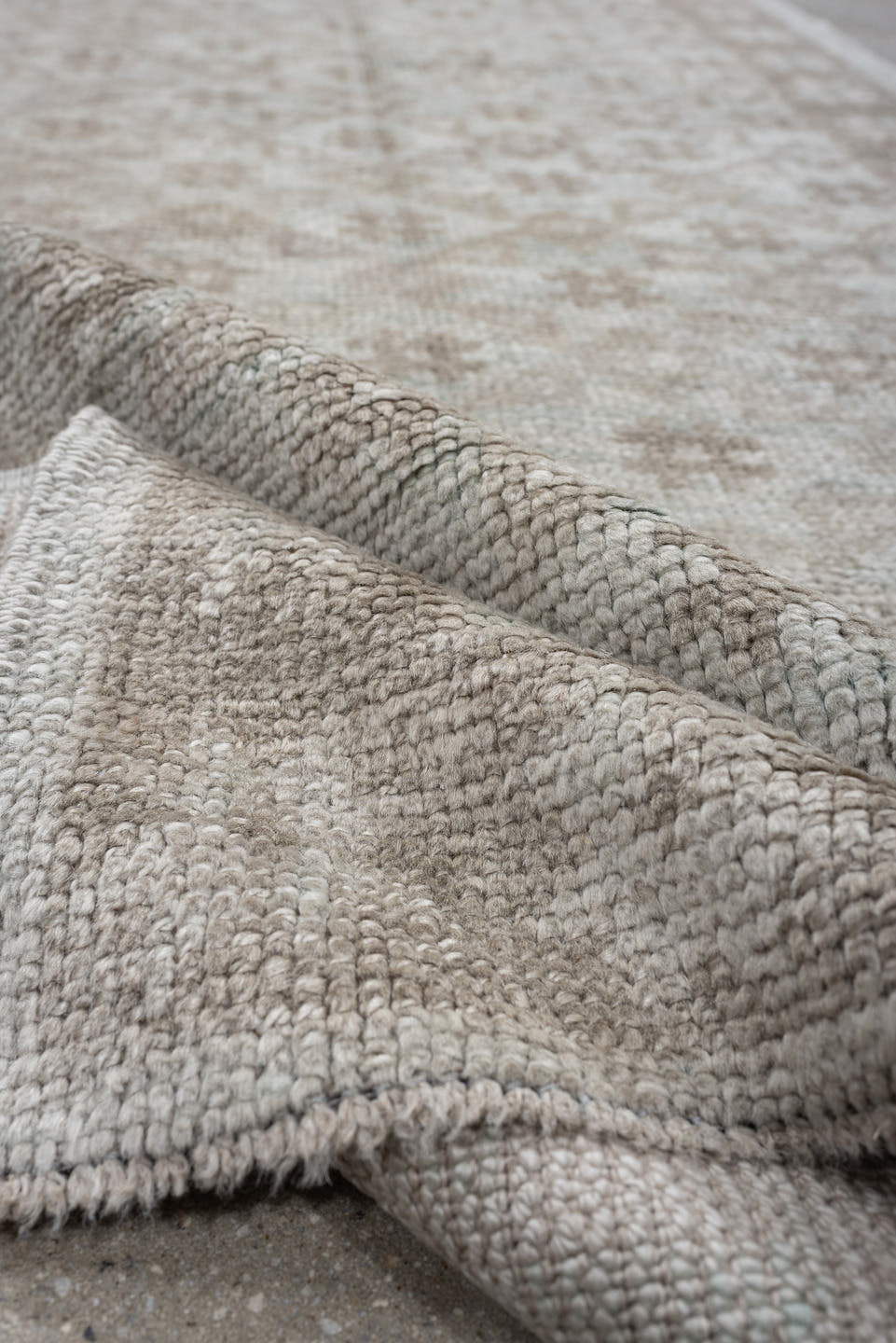2' x 10' one-of-a-kind handmade vintage Oushak runner rug. Color palette: ivory, taupe, beige, sand, light gray, gray