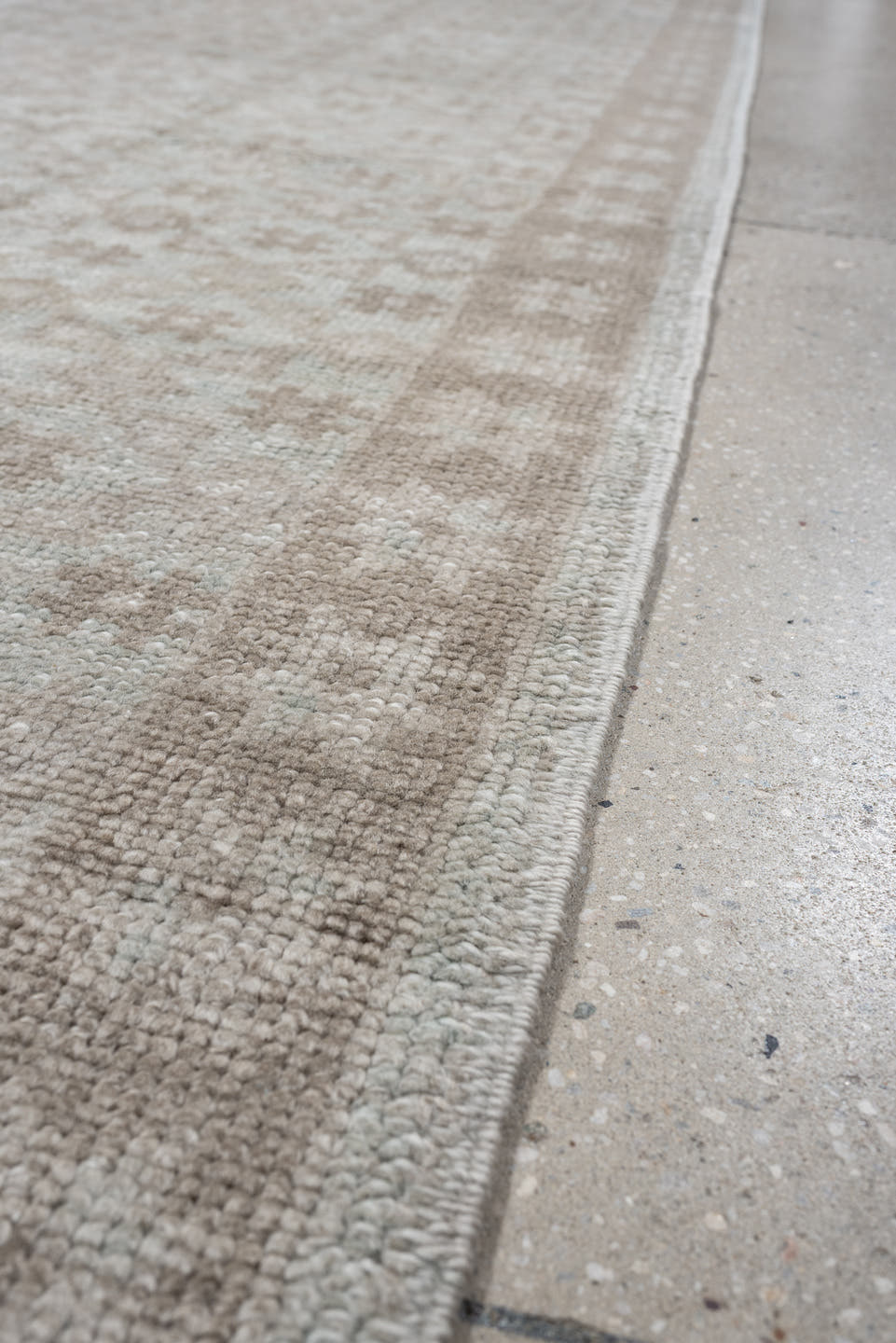 2' x 10' one-of-a-kind handmade vintage Oushak runner rug. Color palette: ivory, taupe, beige, sand, light gray, gray