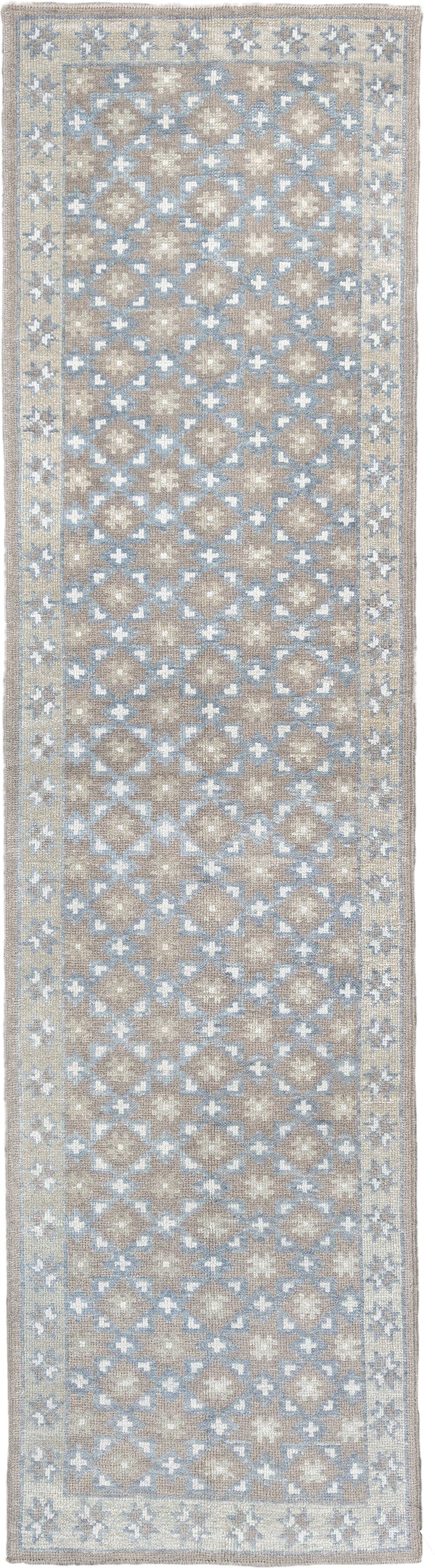 3' x 11' one-of-a-kind handmade vintage Oushak runner rug. Color palette: taupe, pale blue, ivory, beige, gray, light blue