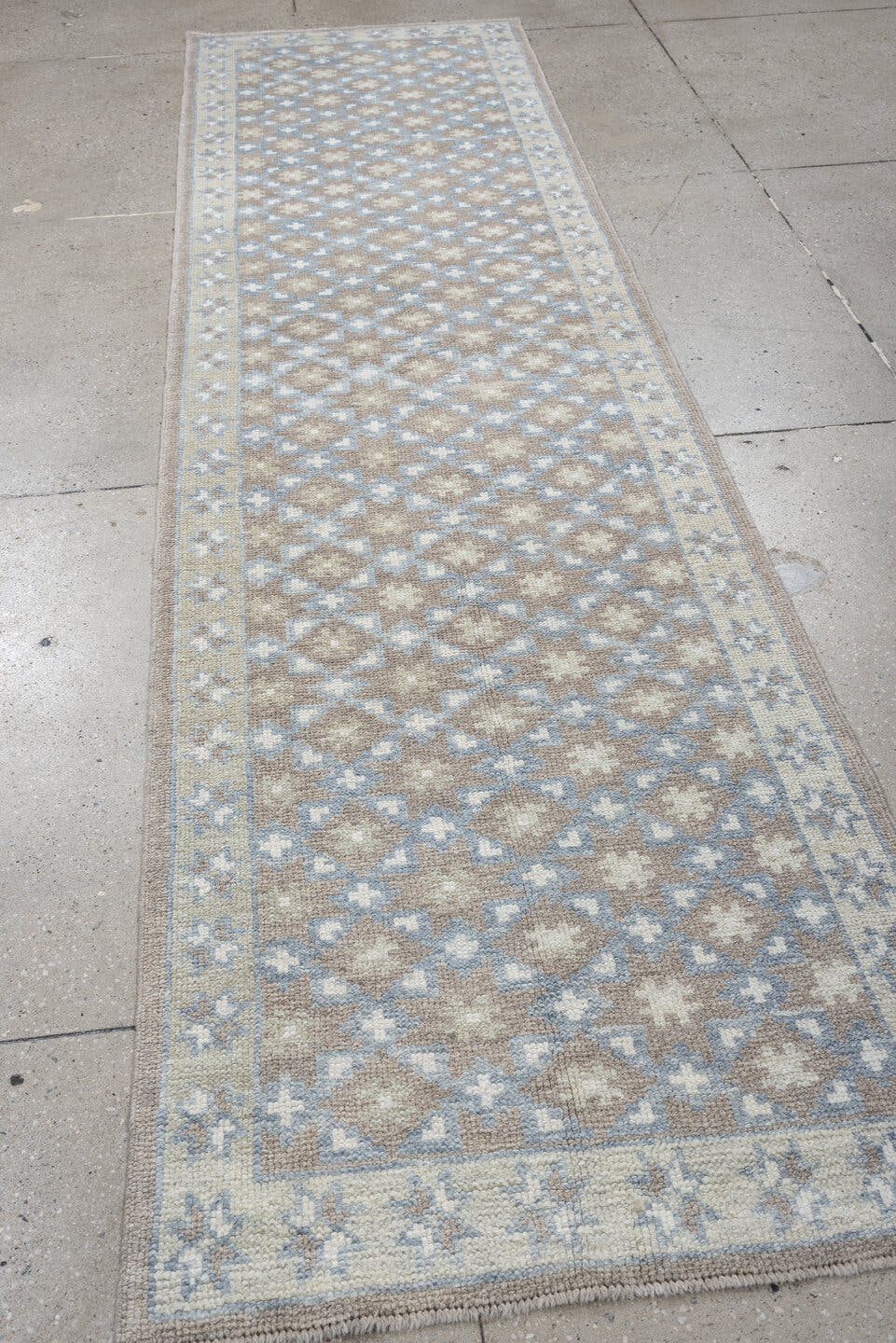 3' x 11' one-of-a-kind handmade vintage Oushak runner rug. Color palette: taupe, pale blue, ivory, beige, gray, light blue